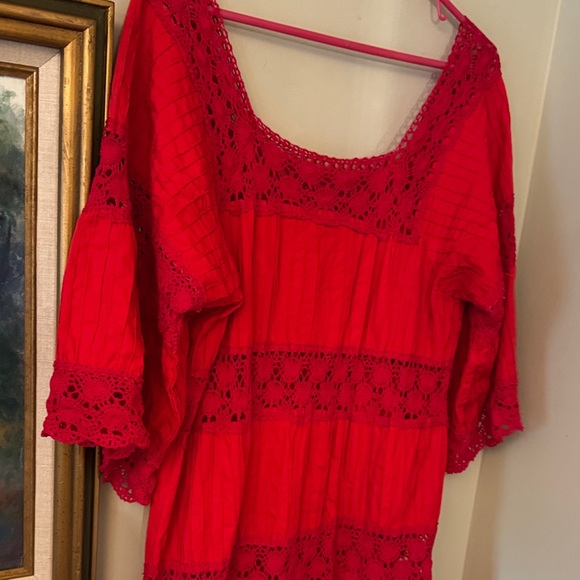 1970s Red Lace Crochet Gown Dress Wedding Boho Chic Medium - Picture 2 of 10